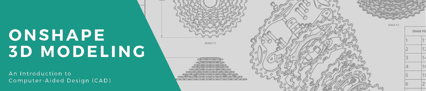 Text of OnShape 3D Modeling: An Introduction to Computer-Aided Design (CAD) overlayed on a graphic of bicycle gears