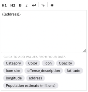 A screenshot of the 'Popup custom main content' setting in flourish containing the 'address' field.