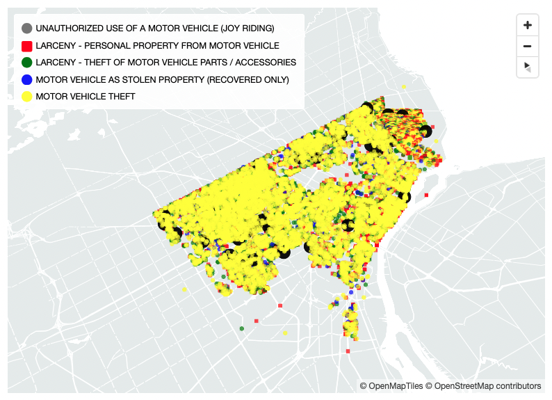 Visualization of vehicle crimes in Detroit after cleaning up the data.